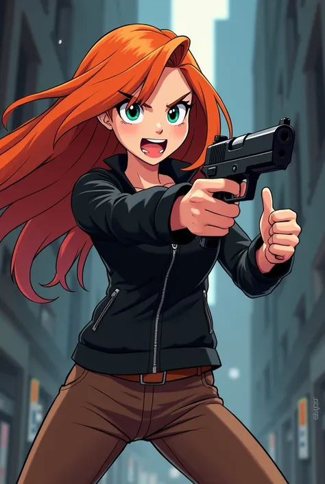 From Disney in Anime Infinity Style Kimberly Ann Possible Orange Hair Cool Evil With Gun Fight Black Jacket Zipper Brown Pants 