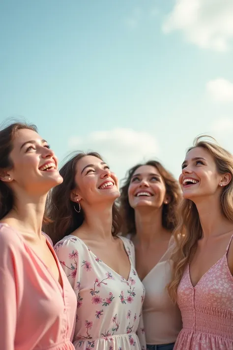 realistic, photography, young women, of different ages, looking at the sky, they are together happy and serene, the clothes are pink, white, floral, neutral, grateful, realistic feminine atmosphere.