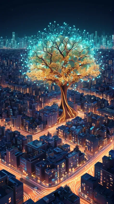 Generative AI illustration of beautiful glowing tree growing on cities representing digital technology in studio