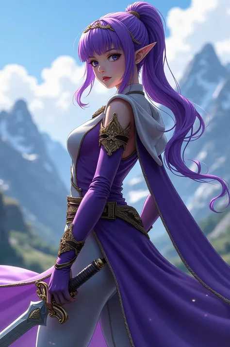  best quality,  greatest masterpiece,  highest resolution， (Dragon Quest 10　Elf Woman ), （Mountain_background）， purple _ ponytail，A woman holding a sword， anime style, （4K）, Alone， ((whole body)) ，  looking at the camera,  hyperdetail, ( intricate details ...