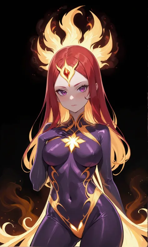 a cute woman in the role of marvels dark phoenix (cute, sexy violet villain costume silhouette of a dark phoenix on her chest, corona of dark energy, evil sexy stare, evil sexy pose) ruins of new york cords and tendrils of dark energy snaking around and pr...