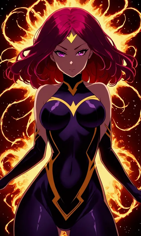 a cute woman in the role of marvels dark phoenix (cute, sexy violet villain costume silhouette of a dark phoenix on her chest, corona of dark energy, evil sexy stare, evil sexy pose) ruins of new york cords and tendrils of dark energy snaking around and pr...