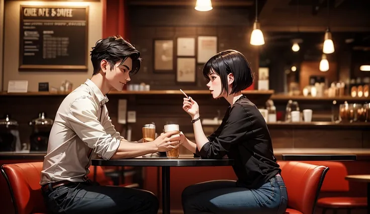 1 COUPLE TALKING AT A CAFE, BLACK HAIRED MAN,  RED SHORT-HAIRED WOMAN, CAFE AS THE BACKGROUND