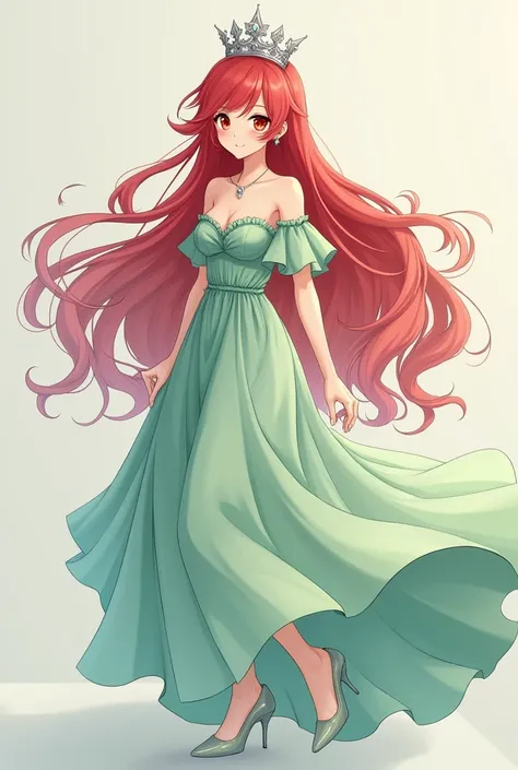 Long red hair that reaches the hips red eyes white skin light green off shoulder gown light green heels grey crown silver necklace grey earrings anime girl