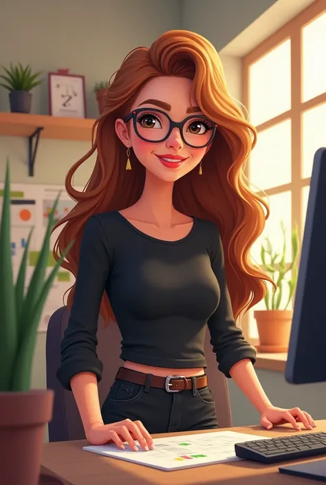 A beautiful cartoon girl age 24 years long hairs eyesight glasses medium breast sitting in office wearing black full sleeve t shirt and black jeans pent and working on computer 