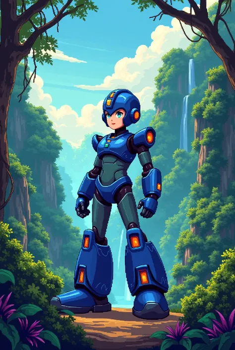 Amazonian Peruvian background with Megaman X aesthetics in the style of pixelart