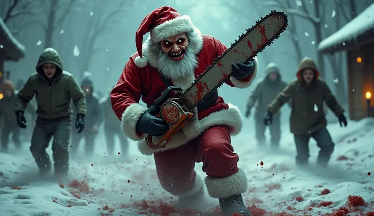 A very scary Santa Claus is attacking people with a chainsaw