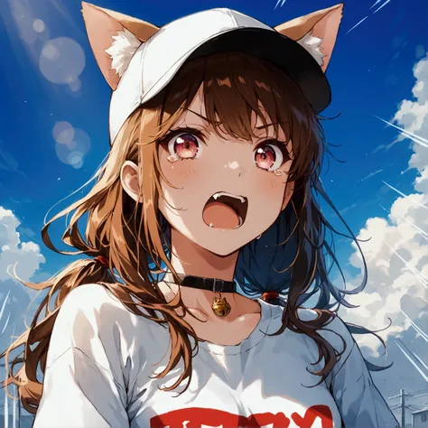 Angle from above,(emphasis lines:1.5),chibi,portrait,1girl,solo,16yo,cute,small breasts,brown hair,(long hair),low twintails,cat ears,white baseball cap,brown solid oval eyes,tear,shouting,fang,opened mouth,Long white t-shirt, short sleeves, On the T-shirt...