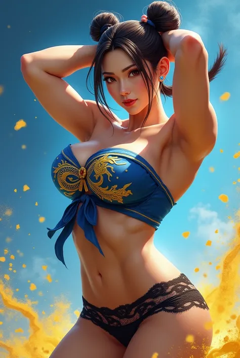 Street Fighters Chun Lee Chun-lilien full body is 172cm tall, has a Double Bun hairstyle with a beautiful, transparent skin Beautiful skin, thick shoulders, muscle, large chest side, 80cm, large chest size, 138cm wide waist, hip girth She was big, big, plu...