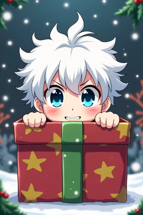 Chibi Saturo Gojo peacking out of a cristmas preasant