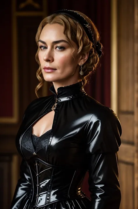 portrait of beautiful 30 year old Cersei Lannister, Victorian governess, shiny black (rubber) Victorian governess outfit, Victorian classroom, gorgeous professionally styled hair, stereotypical strict and cruel governess, imperious demeanor, stern expressi...