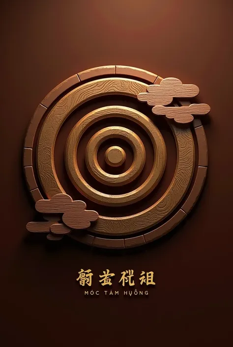 2D logo design with brown background and metallic yellow motifs, the content is about agarwood and wood grain circles, with cloud motifs, with the word "Moc Tam Huong" below, the design has the ancient features of the communal houses Asian pagoda, simple a...