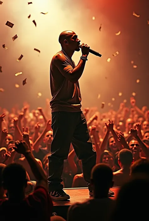 Tupac Shakur on stage, holding a microphone in one hand, with a crowd of thousands cheering, a vivid spotlight on him, and stacks of cash subtly integrated into the design. money bills swirling in the air 