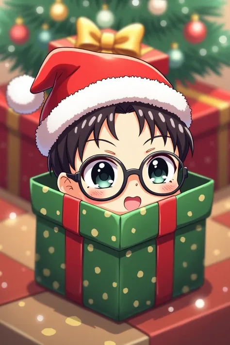 Create a Image of Chibi Saturo Gojo peacking out of a cristmas preasent.Saturo gojo is waring his glasses and a cristmas hat