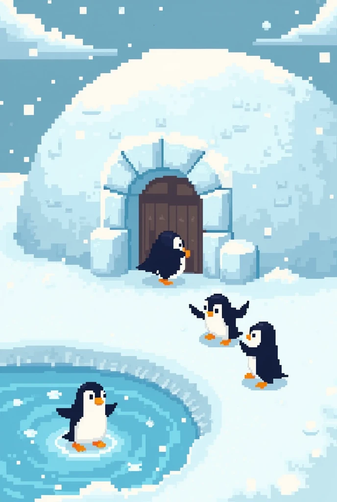 the painting is supposed to show an igloo in which a family of penguins lives, next to the igloo there is supposed to be an ice rink with penguins dancing on it. the image is a pixel art

Prześlij 
