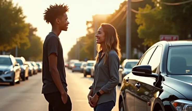 A young Black teen, Jaden, is seen in the foreground of a busy suburban street, his dark curly hair and lean build visible as he confidently helps a middle-aged woman with a flat tire. In the background, the sleek black sedan gleams under the morning sun. ...