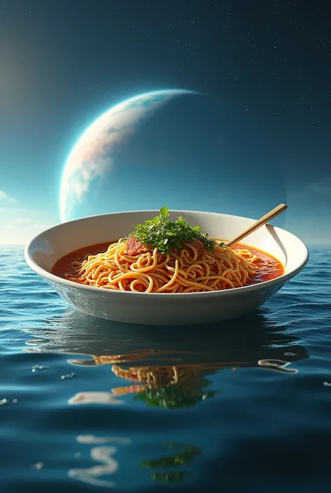 A large expanse of water in space,landscape.very beautiful gigantic huge realistic ramen. photogenic,focus ramen