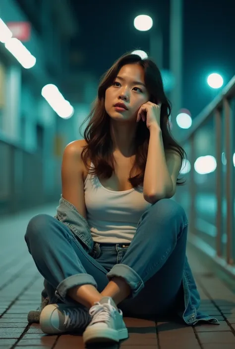 4K professional photos A young Half Thai, half Korean  woman is seated on a paved surface, positioned slightly off-center towards the left side of the image.  She is wearing a white tank top and a denim jacket, draped over her shoulders.  Her legs are bent...