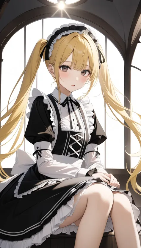  1 cute  girl ,Young Face、 slim figure、Thin legs、８Head to Body、((beautiful golden hair))、( inner color)、(( twin tails))、((There is a sense of immorality in the scene where they are made to wear gothic maid clothes and stand in a knee-length skirt to the po...