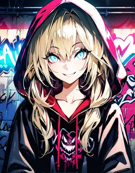 masterpiece,  best quality, 8k, detailed background, masterpiece,  best quality, smile,  ornament,  hoodies , Portraiture, Neon Red, graffiti, dark, night, Shining Eyes,  black light, vampire