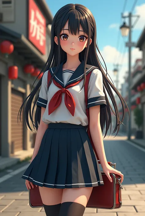 Japanese student , fille 16 ans,  style manga,  personnage dessin 3D , Decord dessin 2D, dessin de professionnels,  masterpieces, Precise trait ,couleurs sombre, Skirt , collant noir, uniform, cheveux longs attaché,  traits of specific manga clothing, Prec...