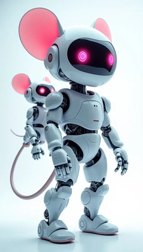 The person in the photo I gave々Using the，Robotic rats, (Blind box toy style:1.2), (Full body shot) , 1 Transparent Boy,Behind him is a transparent and cute robotic mouse, Transparent mech, Exquisite helmet:1.2, Luminous goggles:1.2, Cyberpunk, dreamy glow,...