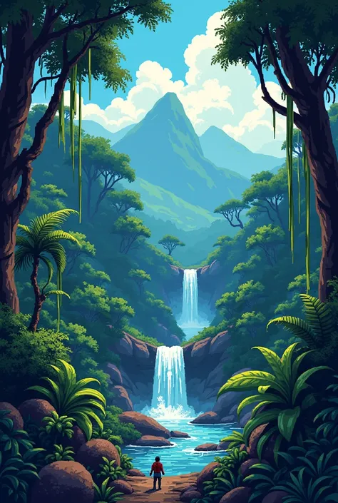 a Peruvian Amazon background in the midst of the conquest of America without people as if it belonged to the Megaman X game in a very remarkable pixelart style