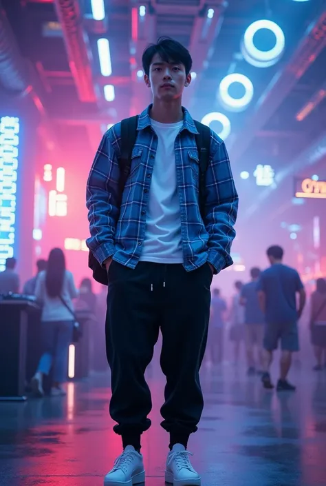 Cinematic shots of futuristic nightclub with DJ buttons . A handsome young boy s a of Chinese origin with short dark hair and good looks wearing a denim checkered shirt long Sleeve open with white t shirt, he is wearing Jogger black trousers, he is wearing...