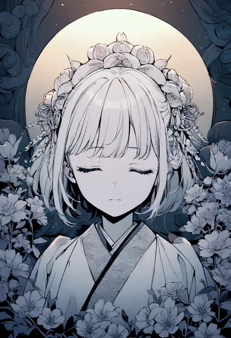 1girl, beautiful anime style portrait, blue monochrome, oriental wallpaper, pink, emotional, highly anime style, Japanese samurai, flowers, eyes closed, soft lighting, detailed description, strong expression, kimono ornaments, blurred background, vivid col...