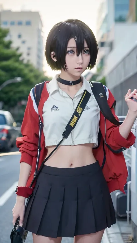  high definition , high definition , girl, shorthair,red eyes, Oblique Eyes ,Feeling depressed, boyish,slender, Toned Body , pleated skirt , choker, belly button sticking out , hyper-realistic high school girl, [32k High Quality]^10, セクシーなアニメの girl,   anim...