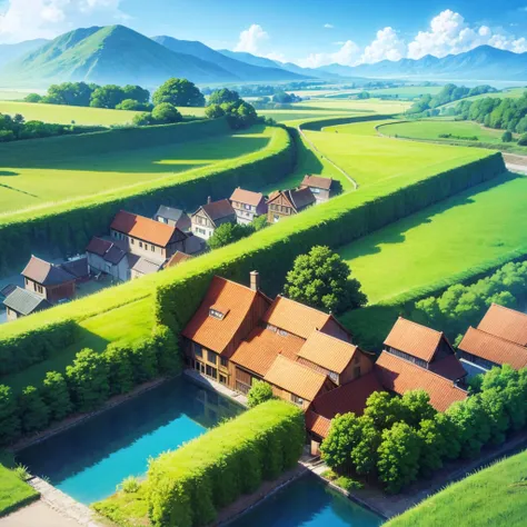 village in fields with anime graphics 