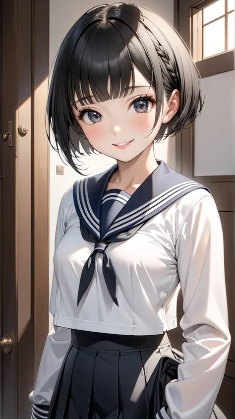 solo。
  realistic drawing。 high image quality。 High Quality 。 DIGITAL PAINTING。

 motif (
Small breasted beauty
）

face(
 smiles:0.8)。

eye(
Ash
)。

hair(black、 straight、 pixie cut:1.2)。

Appearance(black、 sailor suit 、 Long Sleeve 、 Mini Skirt、 low rise u...