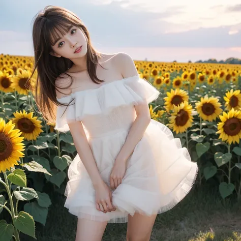 Laugh out loud，(knee shot) ，In a field of sunflowers ， wear a yarn dress ， Fluffy skirts , Elegant， fresh and otherworldly， Off Shoulder Dress ， from Wolfwithwing ，Elegant，1 female,   light brown hair , Short bangs,  hair behind the ears , 肩 long hair,  lo...