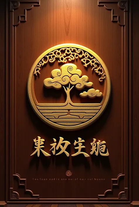 2D logo design with brown background and metallic yellow motifs, the content is about agarwood and wood grain circles, with cloud motifs, with the word "Moc Tam Huong" below, the design has the ancient features of the communal houses Asian pagoda, simple a...