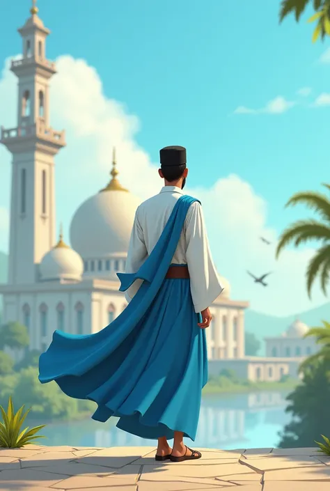 Make an animation of a  wearing a black peci wearing a white Koko wearing a blue sarong with a minaret mosque background