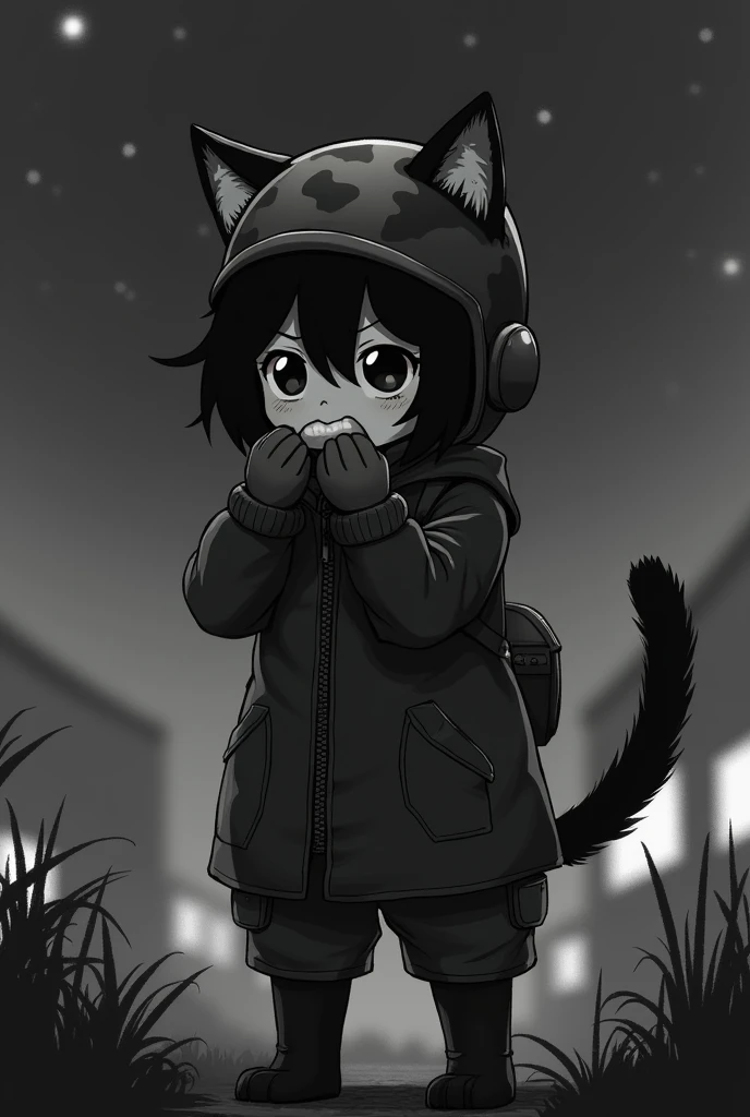 (anime, anime drawing old animation,anime cat girl puking), cat, black, wearing a helmet, camouflage color, night sky, looking at the camera)
(worst quality:1.4), (low quality:1.4), (monochrome:1.1), easynegative, bad-artist-anime, bad-image-v2-39000, bad_...