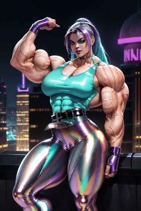 ((Close-up)), tall, ((cyan hair)) beautiful muscular woman, long hair, white skinned, closed smile, (black lipstick), (massive muscles), (hyper muscle), (ginormous bulky muscles), purple eyes, ((((metallic tank top)))), ((((Metallic pants with belt)))), (f...