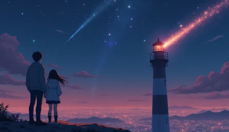 A 20-year-old girl looks at the stars on a tall lighthouse with an adult boy。 。  The sky is dotted with countless stars , A shooting star streaks across the sky,  lighting up the area next to the characters face .  Cyberpunk art inspired by Liam Wong {x} W...