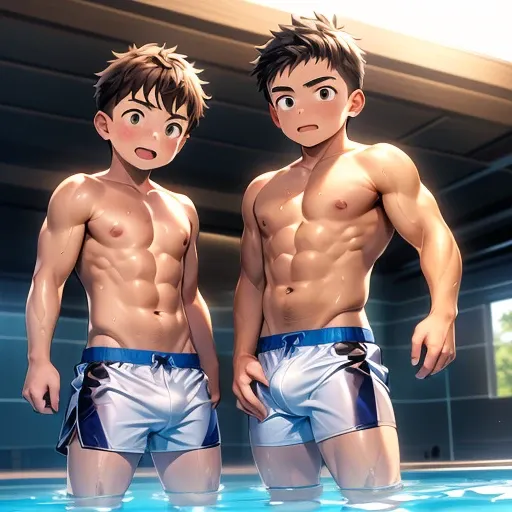 2 young teen boys standing in a swimming pool showers (wearing tight short swim trunks with dick out bottom), errect dick slipping out bottom of shorts, defined muscles, brown hair, water dripping on body, no shirt on, no top on. Great quality, amazing qua...