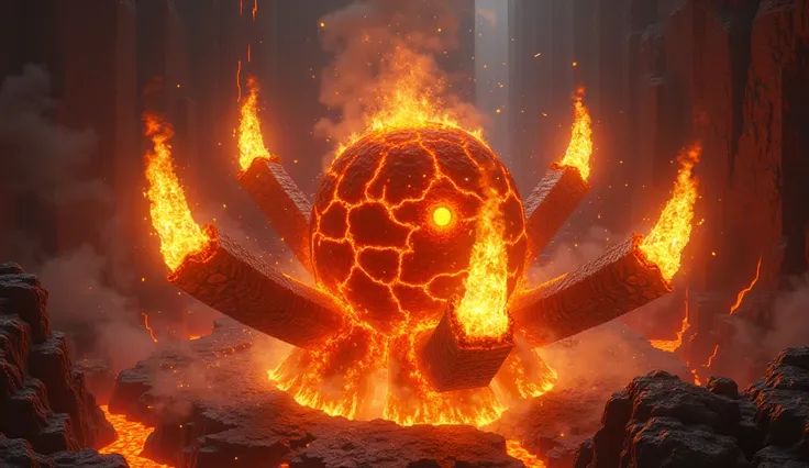 Here’s a refined and detailed prompt for a Minecraft Blaze in real life:

"Depict a terrifying, hyper-realistic version of a Minecraft Blaze. Its central core glows with a fiery, molten intensity, resembling a burning, semi-transparent obsidian sphere with...