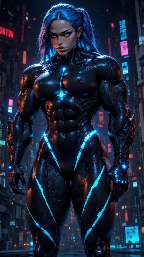 beautiful teenage muscular goth cyborg girl, (blue glowing eyes:1.5), (blue glowing body veins:1.5),(black sclera:1.5), (((muscular female bodybuilder physique:1.45))), ((((extreme muscular hypertrophy:1.25)))), (flat muscular pecs:1.25), (full Cyborg bio-...