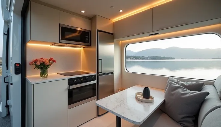 "A modern kitchenette inside the 2025 Toyota motorhome, featuring stainless steel appliances, a compact refrigerator, a built-in microwave, marble countertops, and sleek cabinets for storage."