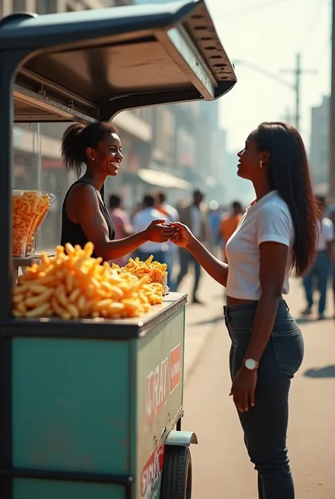 "Une scène urbaine ivoirienne dynamique montrant une seule femme vendant des snacks comme des chips depuis un stand mobile moderne et propre. Le stand est attrayant, avec des couleurs vives et des présentations bien organisées, respectant les normes dhygiè...