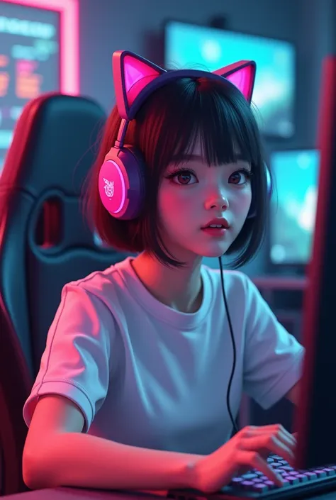 Woman wearing pink cat ear shaped headphones、Short hairstyle、I&#39;m doing a live game commentary.