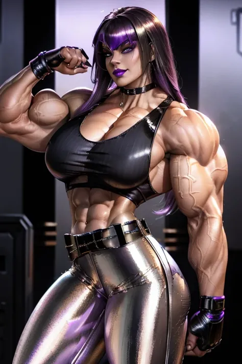 ((Close-up)), tall, (violet purple hair) beautiful muscular woman, long hair with long bangs, white skinned, closed smile, (black lipstick), (massive muscles), (hyper muscle), (ginormous bulky muscles), black eyes, (((((metallic tank top))))), ((((Metallic...