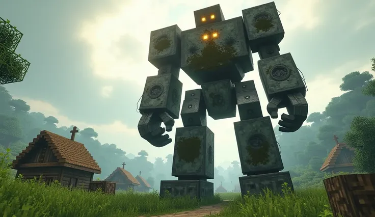 Here’s a detailed and refined prompt for a Minecraft Iron Golem reimagined in real life:

"Create a hyper-realistic depiction of a Minecraft Iron Golem. The creature is a towering, humanoid figure made of rugged, weathered iron blocks, with joints that res...