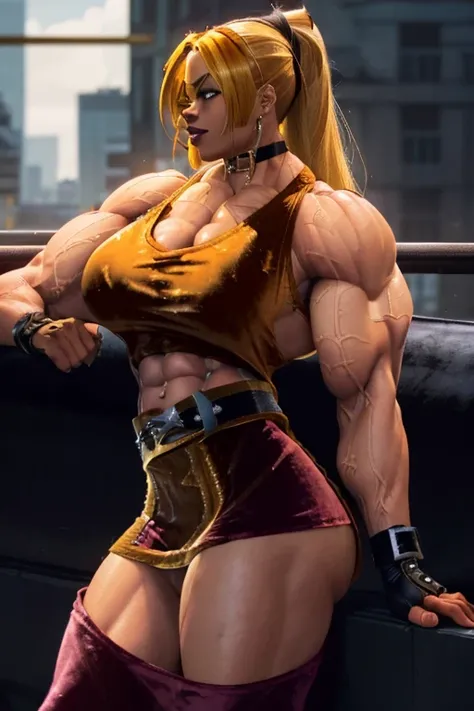 ((Close-up)), tall, (yellow hair) beautiful muscular latino woman, long hair, brown skinned, closed smile, (black lipstick), (massive muscles), (hyper muscle), ((ginormous bulky muscles)), gray eyes, (((((velvet tank top))))), (((((velvet skirt with belt))...