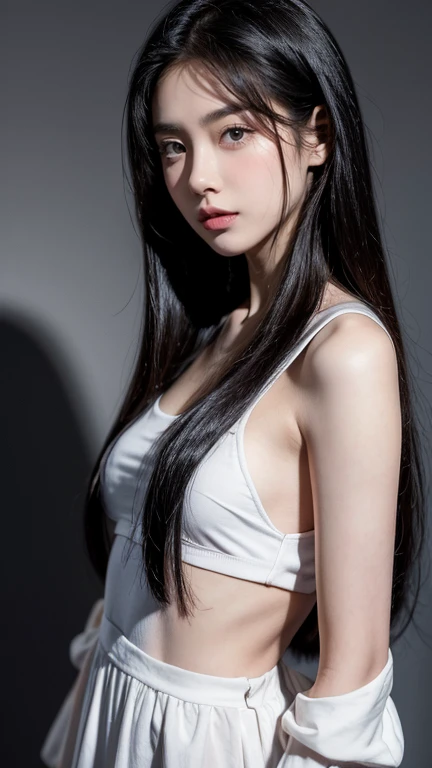  A  pre-teen girl with pale skin and long hair, Straight black hair . big black eyes ,  has an intense and mysterious expression .  wears clothes in an orphan movie , A  pre-teen girl with pale skin and long hair with a more elegant and sophisticated touch...