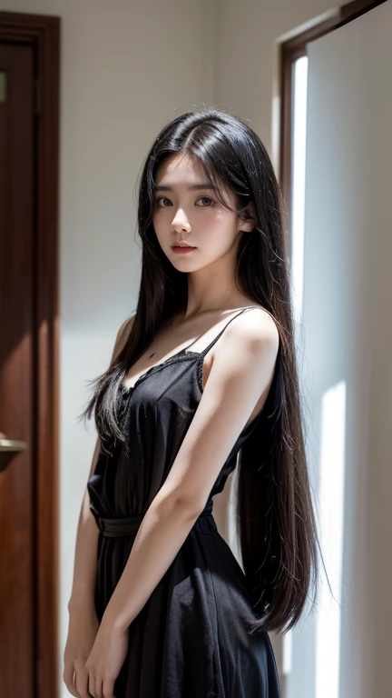  A  pre-teen girl with pale skin and long hair, Straight black hair . big black eyes ,  has an intense and mysterious expression .  wears clothes in an orphan movie , A  pre-teen girl with pale skin and long hair with a more elegant and sophisticated touch...