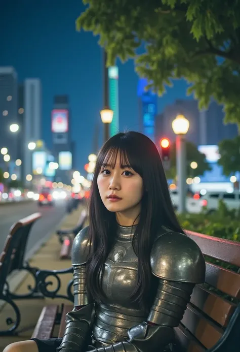  sitting on a park bench,   knight  lights, Citylights, moonlight,   knight,4K,  Fujifilm XT3 as background, 8k, Maximum Results, Filmed on Kodak, Award-winning photo, (  surrenders :1.5), ( best quality:1.5),  Photorealistic ,  Fine skin texture ,   Maste...